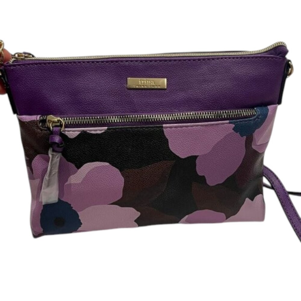 Trina Turk Purple Floral Print Crossbody Bag  Gold-tone Hardware NWT